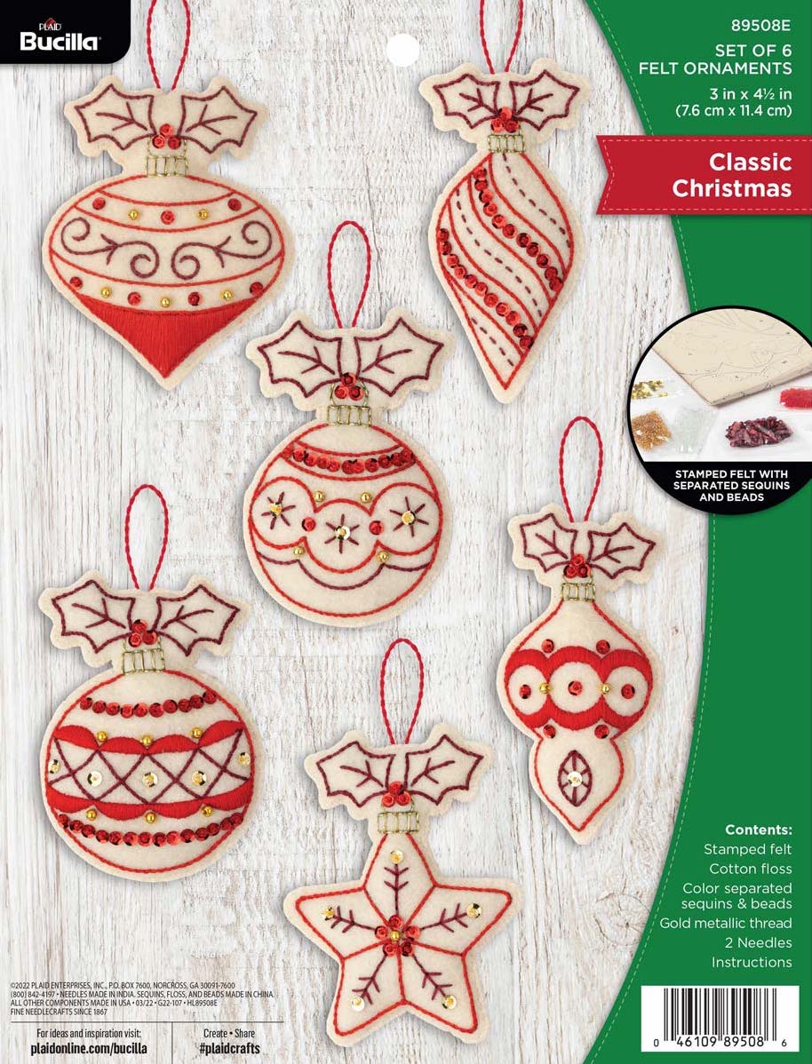 DIY Bucilla Classic Christmas Elegant Red White Holiday Felt Ornament Kit 89508E