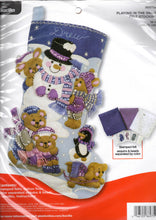 Load image into Gallery viewer, Bucilla felt stocking kit. Design features a snowman with bears, bunnies, a dog and a penguin. Colors not his stocking kit are blues, pinks and purples.
