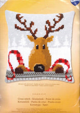 Load image into Gallery viewer, DIY Vervaco Reindeer Red Scarf Deer Cross Stitch Needlepoint 16&quot; Pillow Top Kit