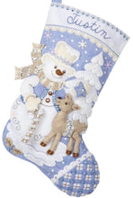 Load image into Gallery viewer, Bucilla felt christmas stocking kit. Design features a snowman and deer. The colors in this stocking are blue and white and tan.