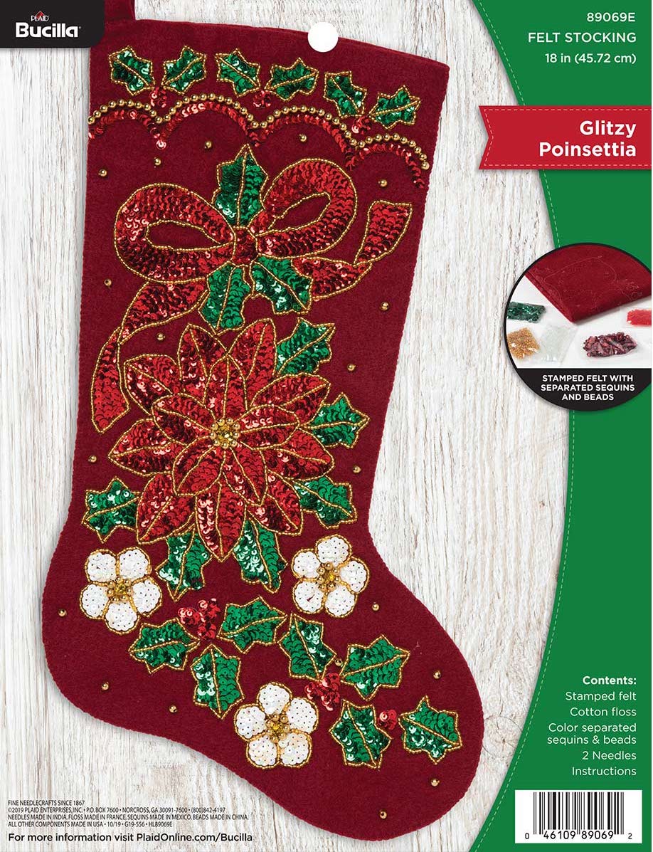 DIY Bucilla Glitzy Poinsettia Christmas Flower Holiday Felt Stocking Kit 89069E
