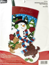 Load image into Gallery viewer, DIY Bucilla Snowman and Puppies Dog Puppy Christmas Felt Stocking Kit 86900E