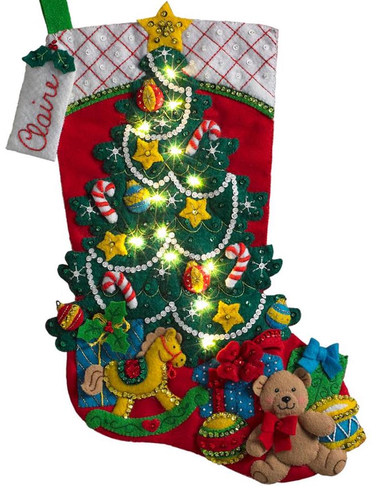DIY Bucilla Christmas Tree Surprise Bear Toys Lighted Felt Stocking Kit 86710I