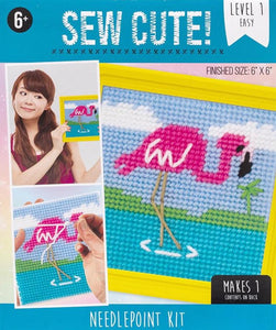 DIY Sew Cute Pink Flamingo Kids Beginner Starter Needlepoint Kit w Frame 6" x 6"