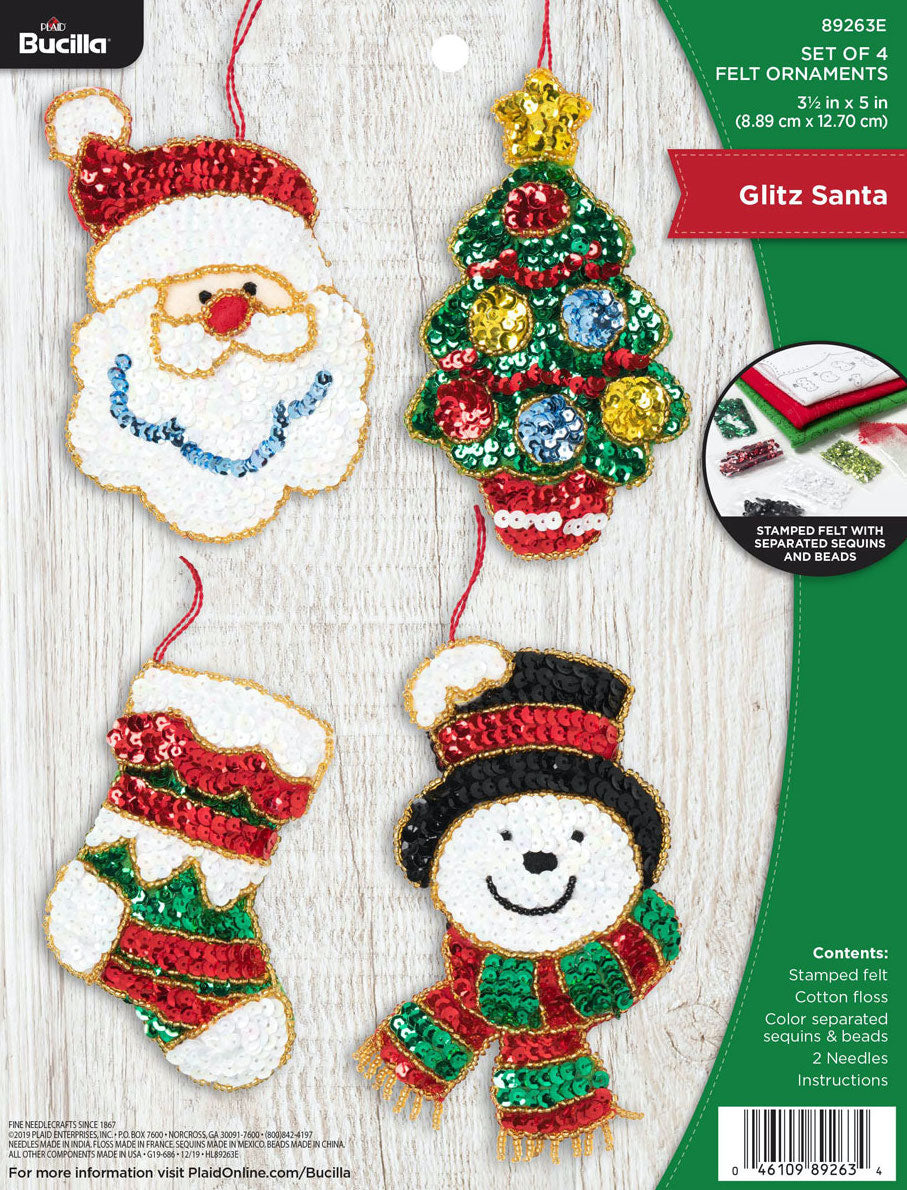 DIY Bucilla Glitz Santa Snowman Christmas Felt Ornaments Kit