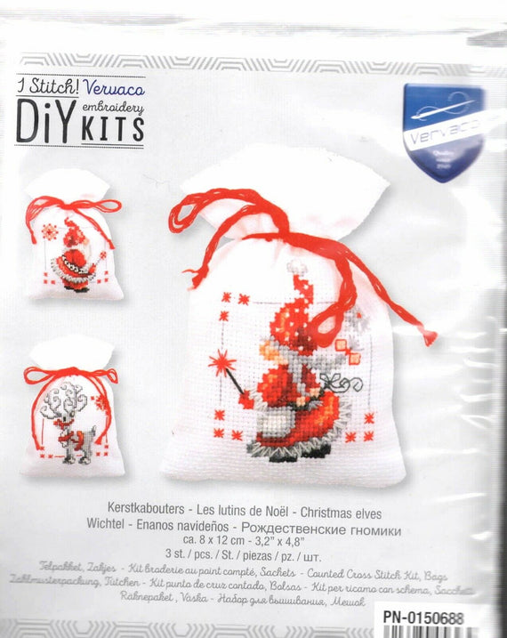 DIY Vervaco Christmas Elves Santa Deer Potpourri Gift Bag Cross Stitch Kit set/3