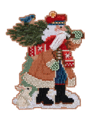 Mill Hill counted cross stitch kit. Design features Santa carrying a Douglas fir tree. 