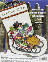 Load image into Gallery viewer, DIY Design Works Snow Sledding Snowman Counted Cross Stitch Stocking Kit 5924