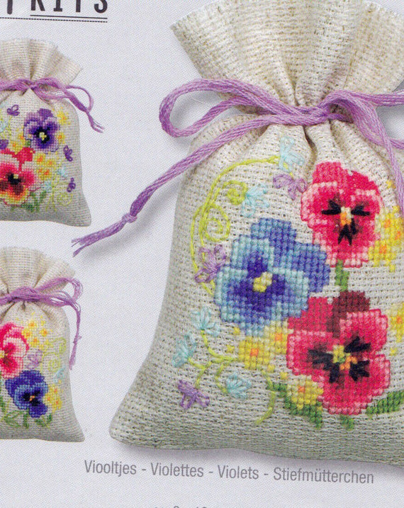 DIY Vervaco Violets Pansies Flowers Potpourri Gift Bag Counted Cross Stitch Kit