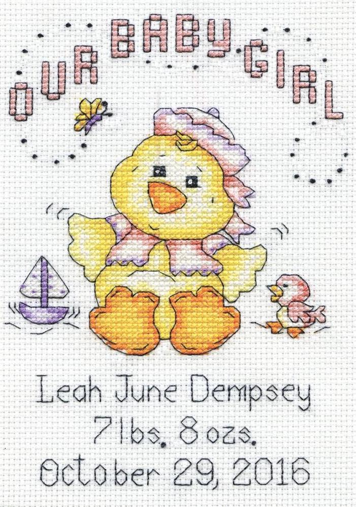DIY Design Works Baby Chick Girl Birth Record Gift Counted Cross Stitch Kit 2896