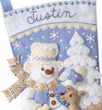 Load image into Gallery viewer, DIY Bucilla Snowmans Winter Wonderland Christmas Blue Felt Stocking Kit 89245E