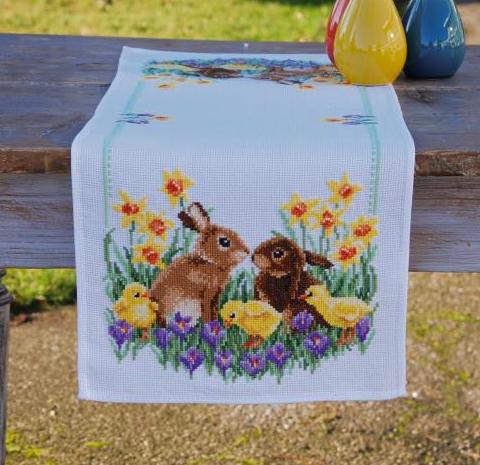 DIY Vervaco Rabbits Chicks Easter Spring Counted Cross Stitch Table Runner Kit