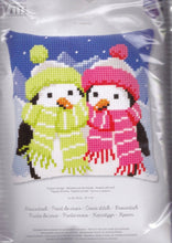 Load image into Gallery viewer, DIY Vervaco Penguins with Scarf Yarn Cross Stitch Needlepoint 16&quot; Pillow Top Kit