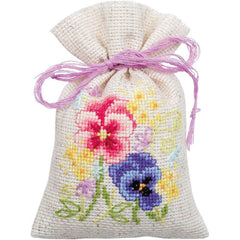DIY Vervaco Violets Pansies Flowers Potpourri Gift Bag Counted Cross Stitch Kit