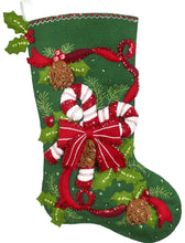 Load image into Gallery viewer, DIY Bucilla Candy Cane and Ribbons Pinecone Christmas Felt Stocking Kit 86971E