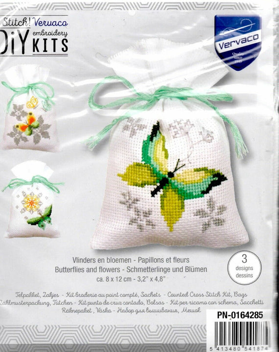 DIY Vervaco Butterflies and Flowers Potpourri Gift Bag Counted Cross Stitch Kit