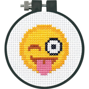 DIY Dimensions Tongue Out Emoji Kids Beginner Counted Cross Stitch Kit w Frame