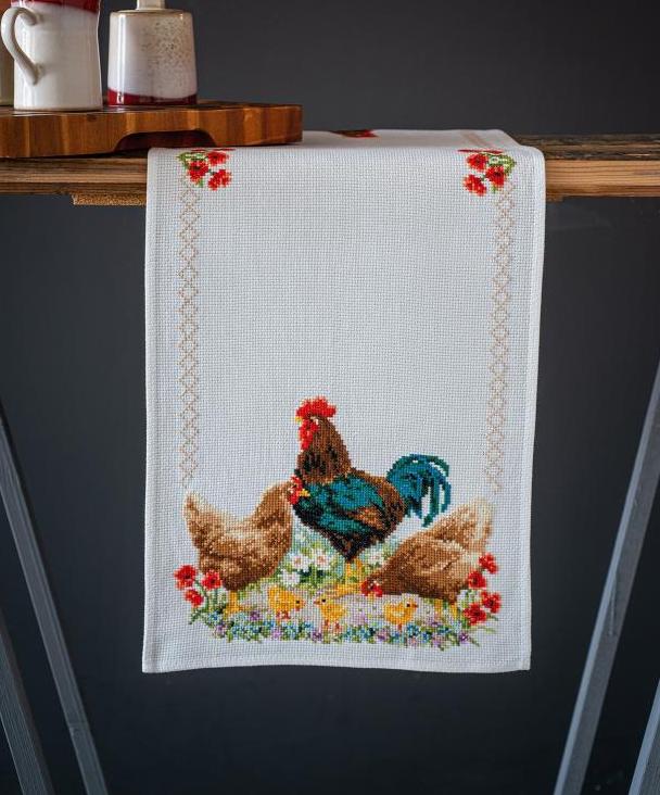DIY Vervaco Rooster and Chickens Farmhouse Counted Cross Stitch Table Runner Kit