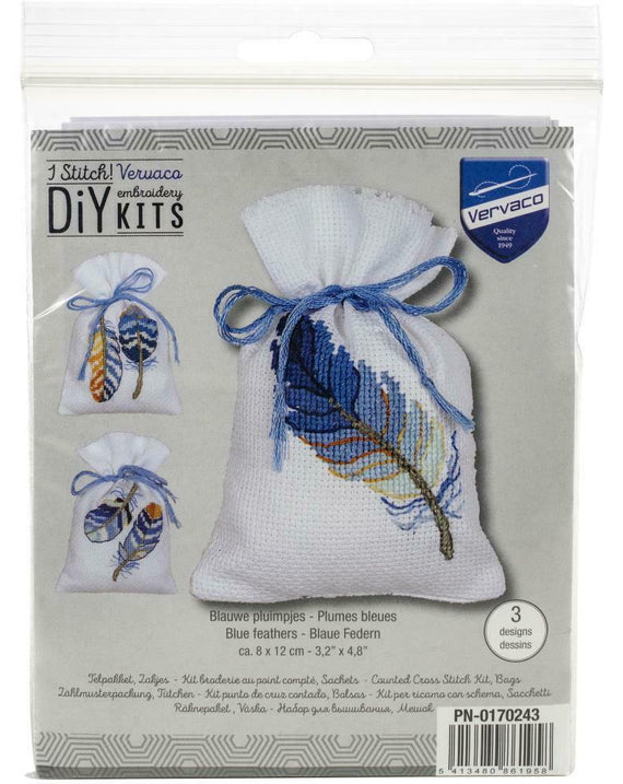 DIY Vervaco Blue Feathers Potpourri Gift Bag Counted Cross Stitch Kit