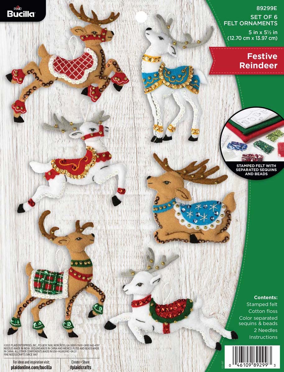 DIY Bucilla Festive Reindeer Deer Christmas Holiday Felt Ornament Kit 89299E