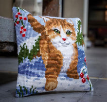 Load image into Gallery viewer, DIY Vervaco Cat in the Snow Winter Chunky Needlepoint Cushion Pillow Top Kit 16&quot;