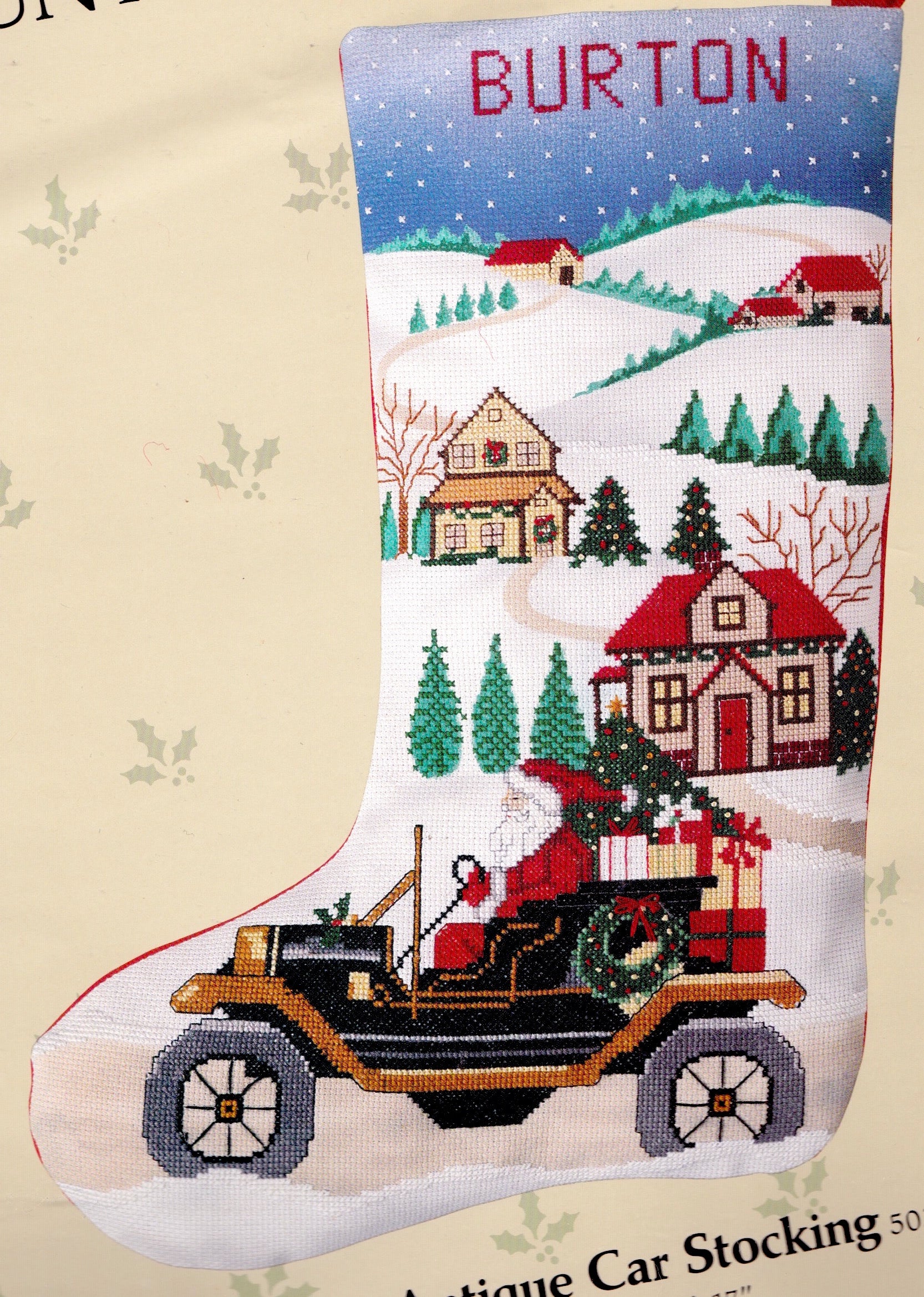 DIY Santas Antique Car Town Christmas Counted Cross Stitch Stocking Kit 50304