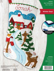 DIY Winter Days Snowy House Scene Deer Trees Christmas Felt Stocking Kit 89464E