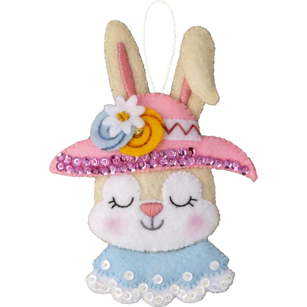 Easter Bunny head with blue collar and pink hat with flowers.