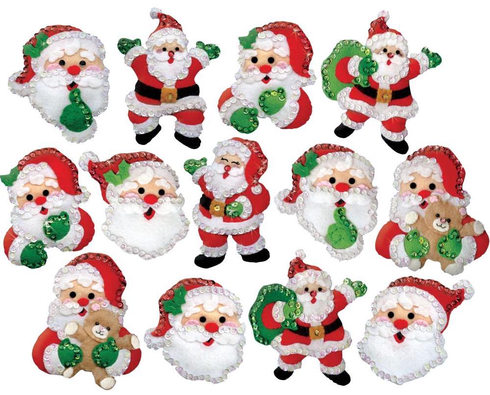 Design works christmas felt ornament kit. This kit features 13 traditional Santas. Red, white, and green.