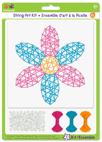 Krafty Kids String Art Kit. Design features a pink and blue flower with a yellow center.