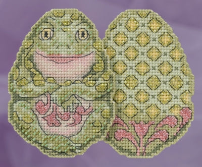 Mill Hill beaded counted cross stitch ornament kit.  The design features a frog shaped like a decorated Easter egg.