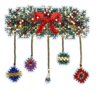 Mill Hill counted cross stitch kit. Design features a christmas garland with ornaments  dangling.