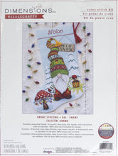 Load image into Gallery viewer, Dimensions counted cross stitch stocking kit. Design features a gnome with a lantern and a mushroom tree with lights.  Edit alt text