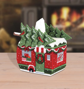 Plastic Canvas Tissue Box Cover Kit. This Design features a Christmas Camper.