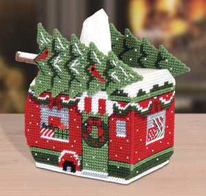 Plastic Canvas Tissue Box Cover Kit. This Design features a Christmas Camper.