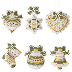 Bucilla felt Christmas ornament kit. Design features ornaments, stockings, snowflake, bell, heart. Colors used are green, white and cream.