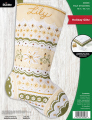Bucilla felt Christmas stocking kit, Design features patterns in white, green and cream colors.