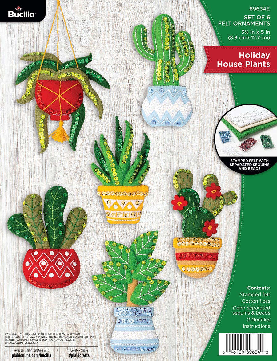 Bucilla Felt Ornament kit. Design features six house plants.