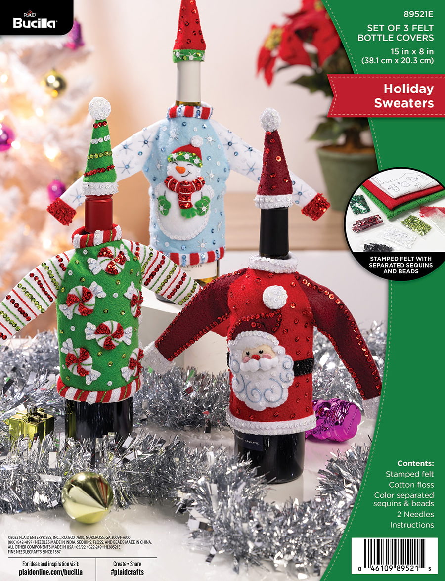 DIY Bucilla Holiday Sweaters Christmas Bottle Covers Felt Craft Kit 89521E
