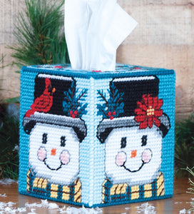 Plastic Canvas Tissue Box Cover Kit. This Design features Snowmen with winter decorated hats.