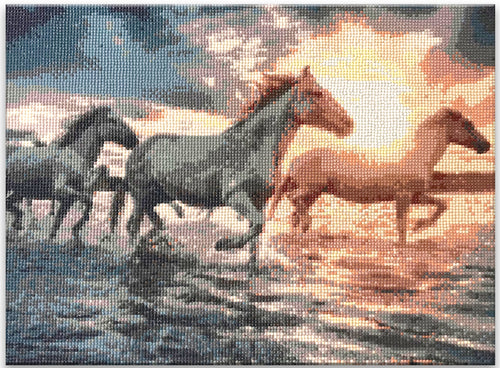 Diamond painting kit. This design features horses running through shallow water.