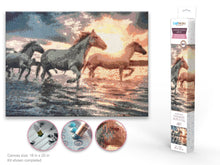 Load image into Gallery viewer, Diamond painting kit. This design features horses running through shallow water.
