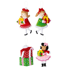 Bucilla felt ornament kit. Design features three girls holding gifts, and one double stacked gift ornament.