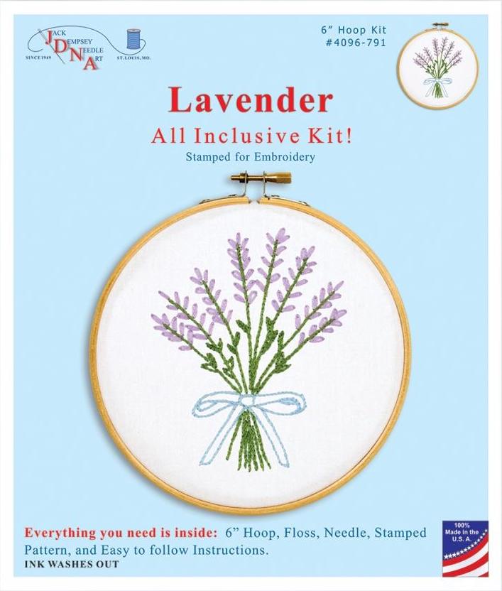 Stamped embroidery hoop kit. This design features a bunch of lavender tied with a blue ribbon.