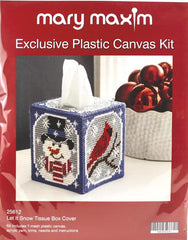 Mary Maxim Plastic Canvas tissue box kit. Design features a snowman's and cardinal on the sides.  Edit alt text