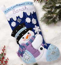 Load image into Gallery viewer, Bucilla felt Christmas stocking kit, Design features a snowman with snowflakes in the background.