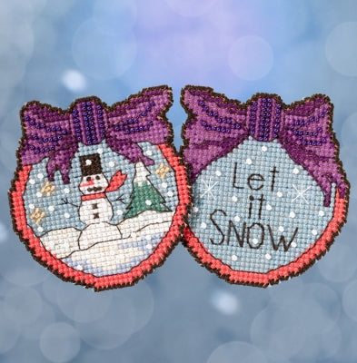 Mill Hill Sticks counted cross stitch ornament kit. Design features a double sided ornament with let it snow on one side and a snowman on the other.