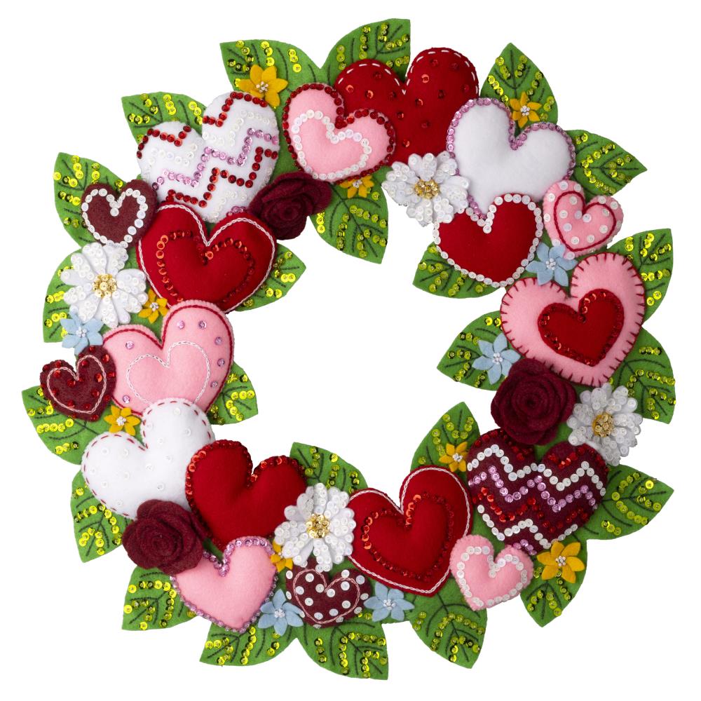 Bucilla felt wreath kit. Design features red, pink and white hearts mixed with blue and white flowers.