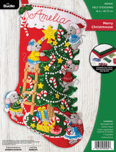 Load image into Gallery viewer, Bucilla felt stocking kit. Design features 5 mice  decorating their tree for Christmas.