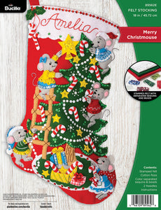 Bucilla felt stocking kit. Design features 5 mice  decorating their tree for Christmas.